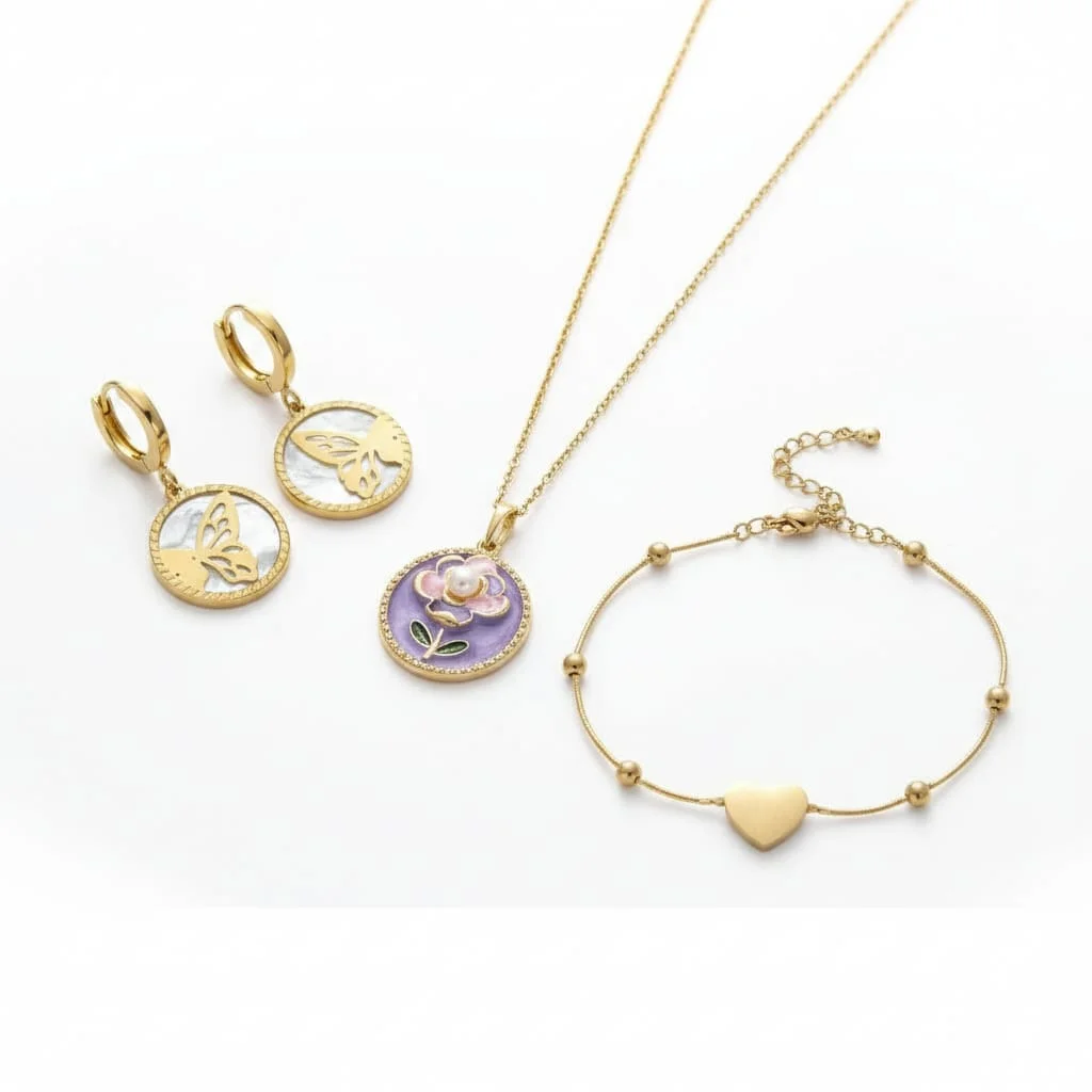 Lavender necklace, butterfly earrings and heart bracelet