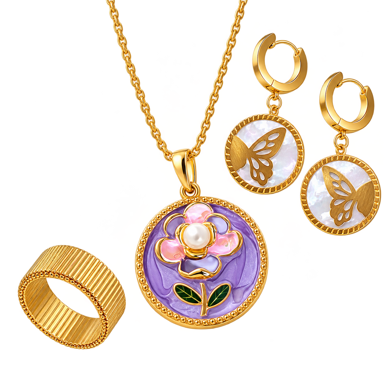 Lavender enamel necklace, butterfly earrings and textured gold-tone ring in a floating composition